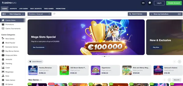 Screenshot of CasinoEuro Casino website