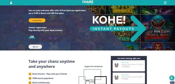 Screenshot of Chanz Casino Casino website