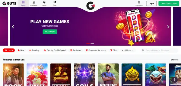 Screenshot of Guts Casino Casino website