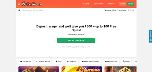 Screenshot of LeoVegas Casino Casino website