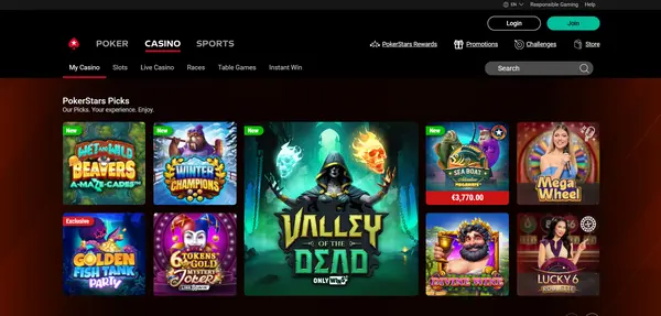Screenshot of PokerStars Casino Casino website