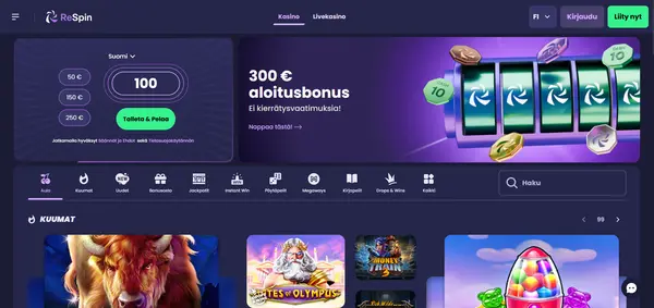 Screenshot of Respin Casino Casino website