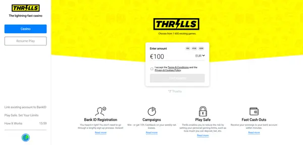 Screenshot of Thrills Casino Casino website