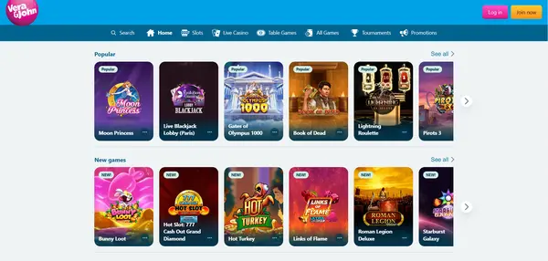 Screenshot of Vera John Casino Casino website